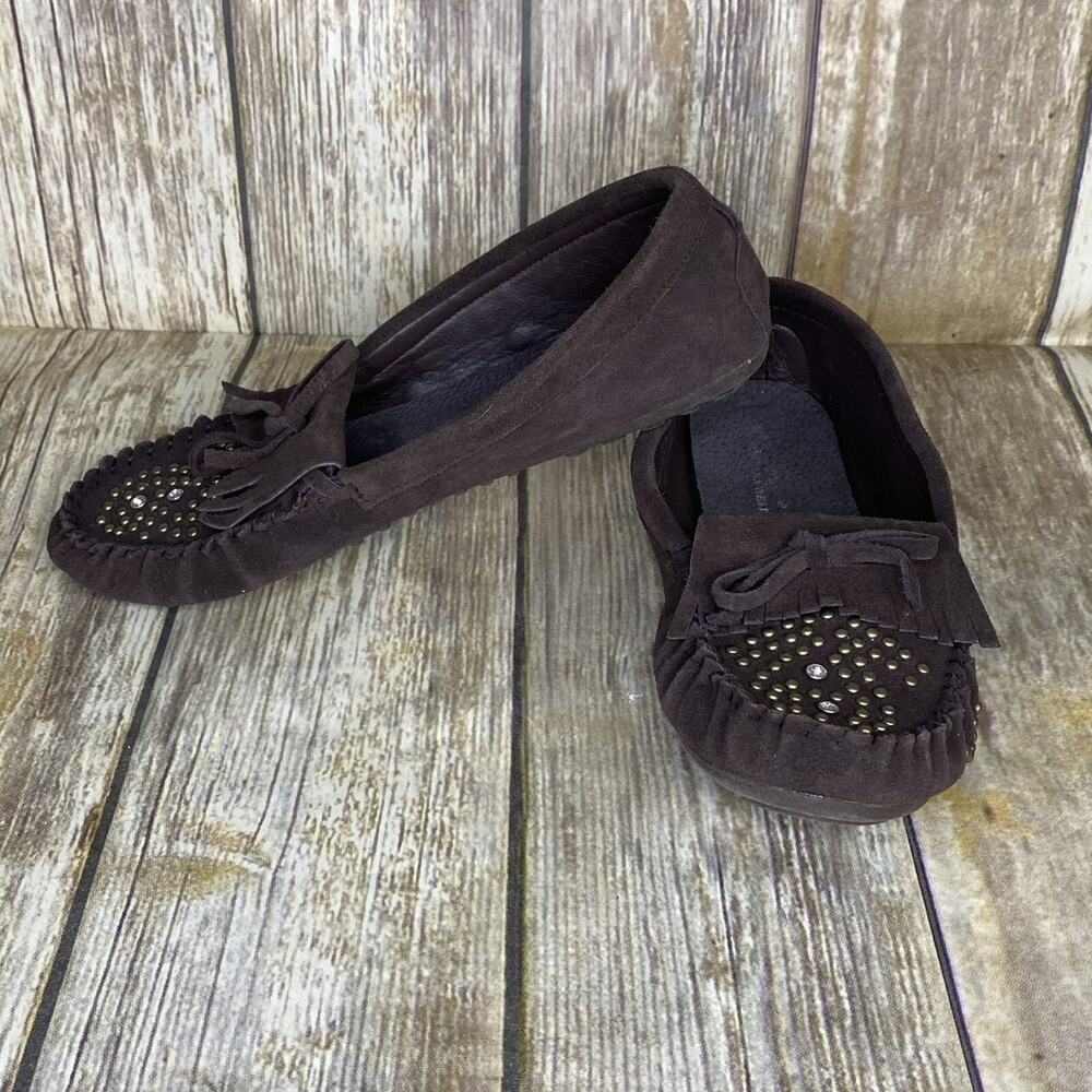 Montana West Brown Suede Studded Fringe Leather Moccasins Slipper Women’s Size 9